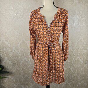 Mudpie Size Small (4-6) Orange Navy Pattern Split V-neck Shift Dress Tie Belt
